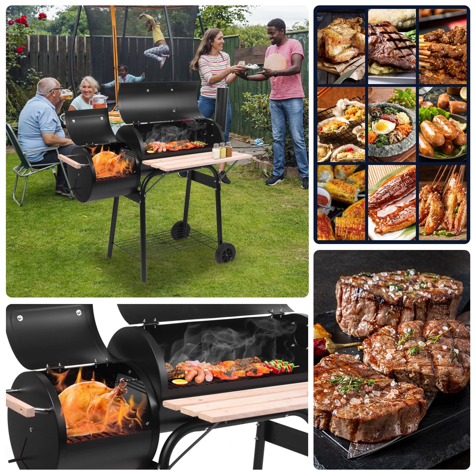 Zimtown BBQ Charcoal Grill Outdoor Barbecue Pit with Offset Smoker Patio Backyard Black